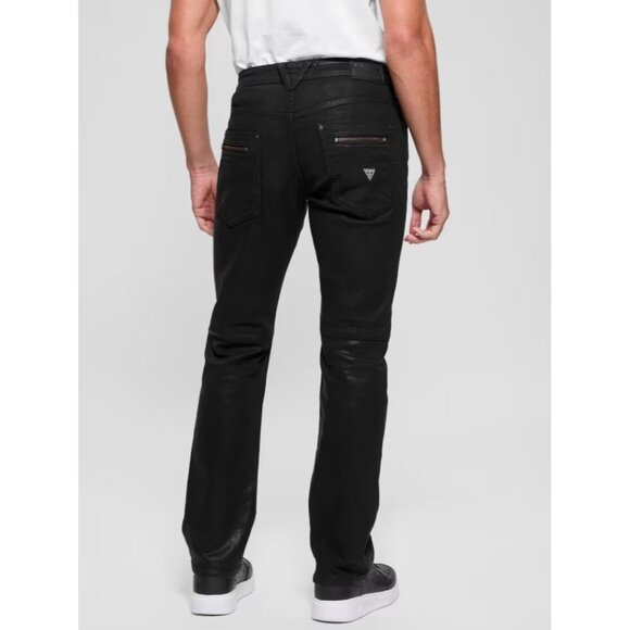 Guess Men’s Mateo Regular Straight Jeans Coated Black Denim Zip Pockets Size 34